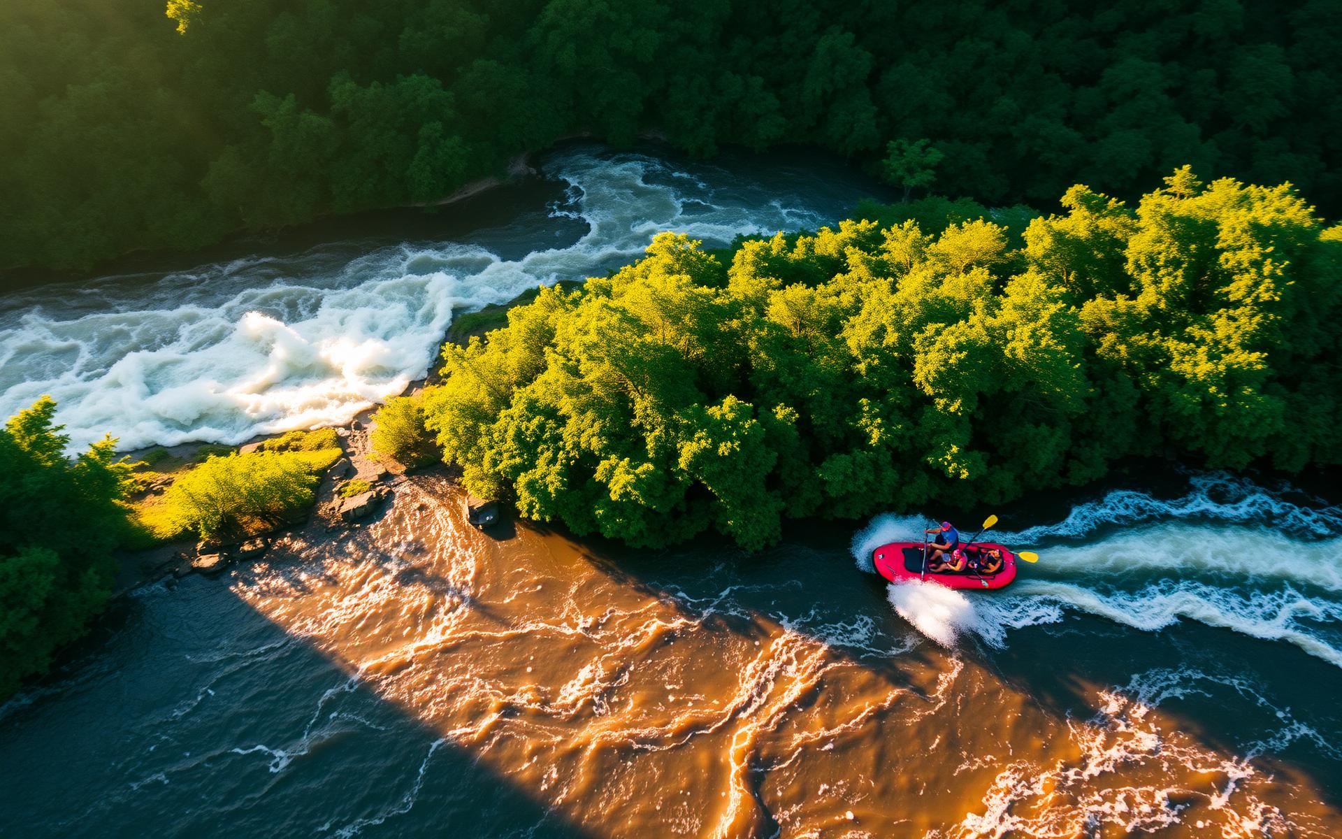 Aerial view of white water rafting on a Sri Lankan jungle river